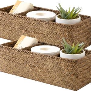 StorageWorks Toilet Paper Baskets for Shelves, 3-Section Wicker Baskets Storage, Back of Toilet Basket for Tank Topper, Counter, Pantry, Living Room Decor, 2 Pack Seagrass Basket
