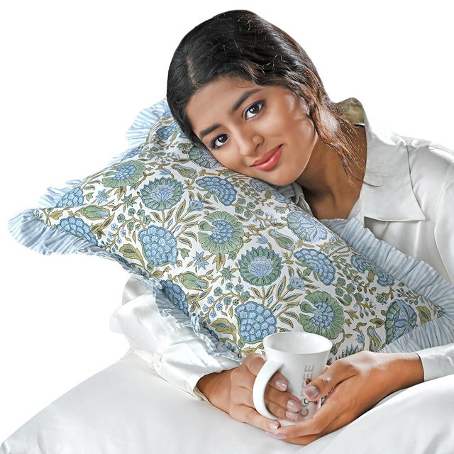 Ridhi Block Print Asparagus Green 20"x12" Set 1-100% Cotton Ruffle Lumbar Sham Cover Boho Floral Pillowcase, Farmhouse Cottagecore Bedding, Soft Decorative Cover Gift for Spring, Easter, Valentine