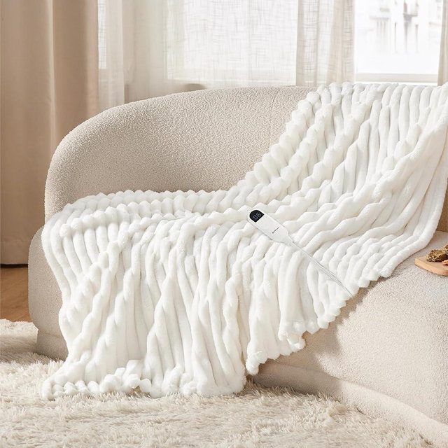 Bedsure Heated Blanket Electric Throw - Thick Striped Flannel Electric Blanket, Heating Blanket with 4 Time Settings, 6 Heat Settings, and 3-Hour Timer Auto Shut Off (50x60 inches, White)