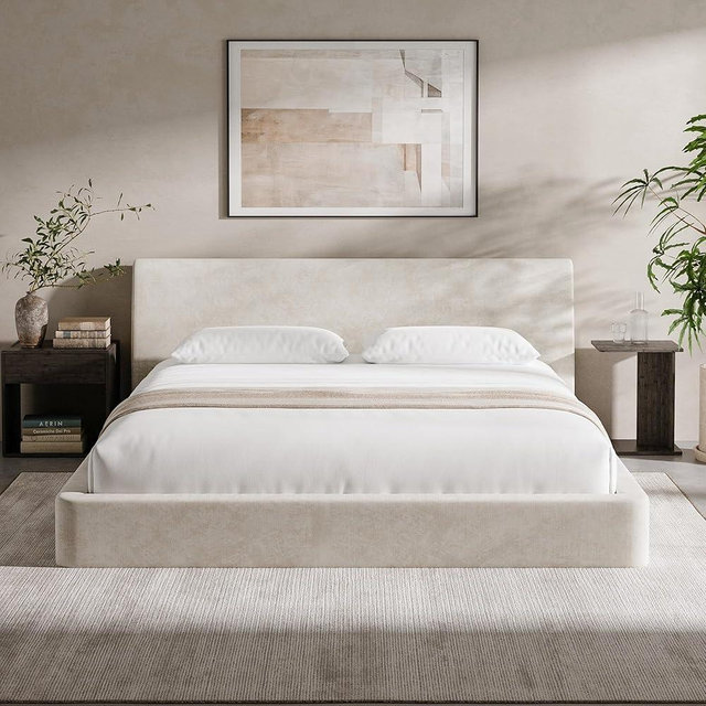 RECCI AirFrame King Size Bed Frame with Ergonomic Angled Headboard, 360° Cushioned Platform Bed Frame, Low Profile Minimalist Soft-Frame Bed, No Box Spring Needed, Easy Assembly, Beige Chenille