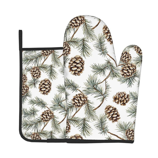 Winter Pine Cones Green Oven Mitts and Pot Holders Sets Heat Resistant Non Slip Christmas Branch Pinecone Kitchen Gloves Hot Pads Potholders 2 Pack Set Holiday Decor for Chef Cooking Bakers Kitchen