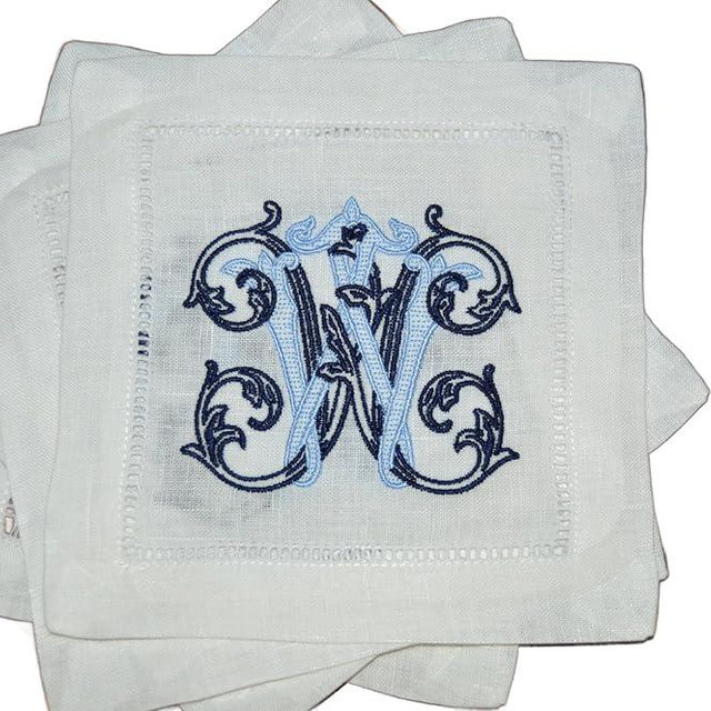 Personalized Linen Cocktail Hemstitched Napkins Embroidered in Vintage Vine Font, Elegant Bar Linens for Home making the perfect Hostess, Bridal or Housewarming Gift