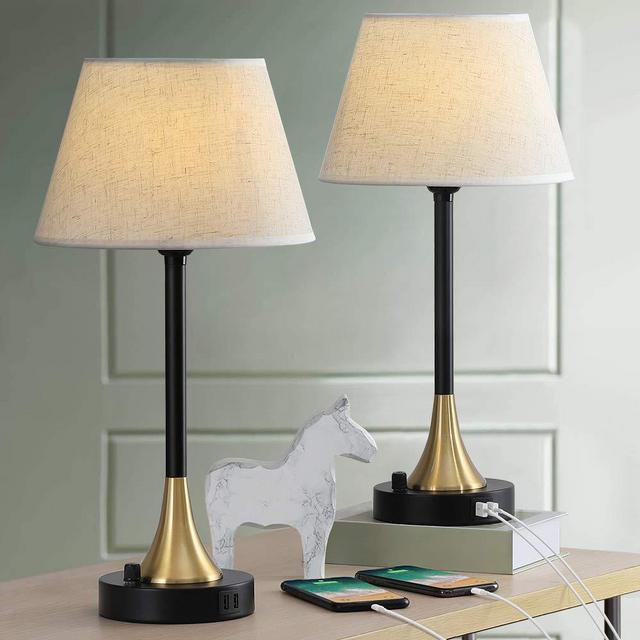 Table Lamps Set of 2, Bedside Nightstand Lamps with Dual USB Charging Ports, Desk Lamps with Metal Base Fabric Lamp Shade for Living Room Bedroom Office, 20" High