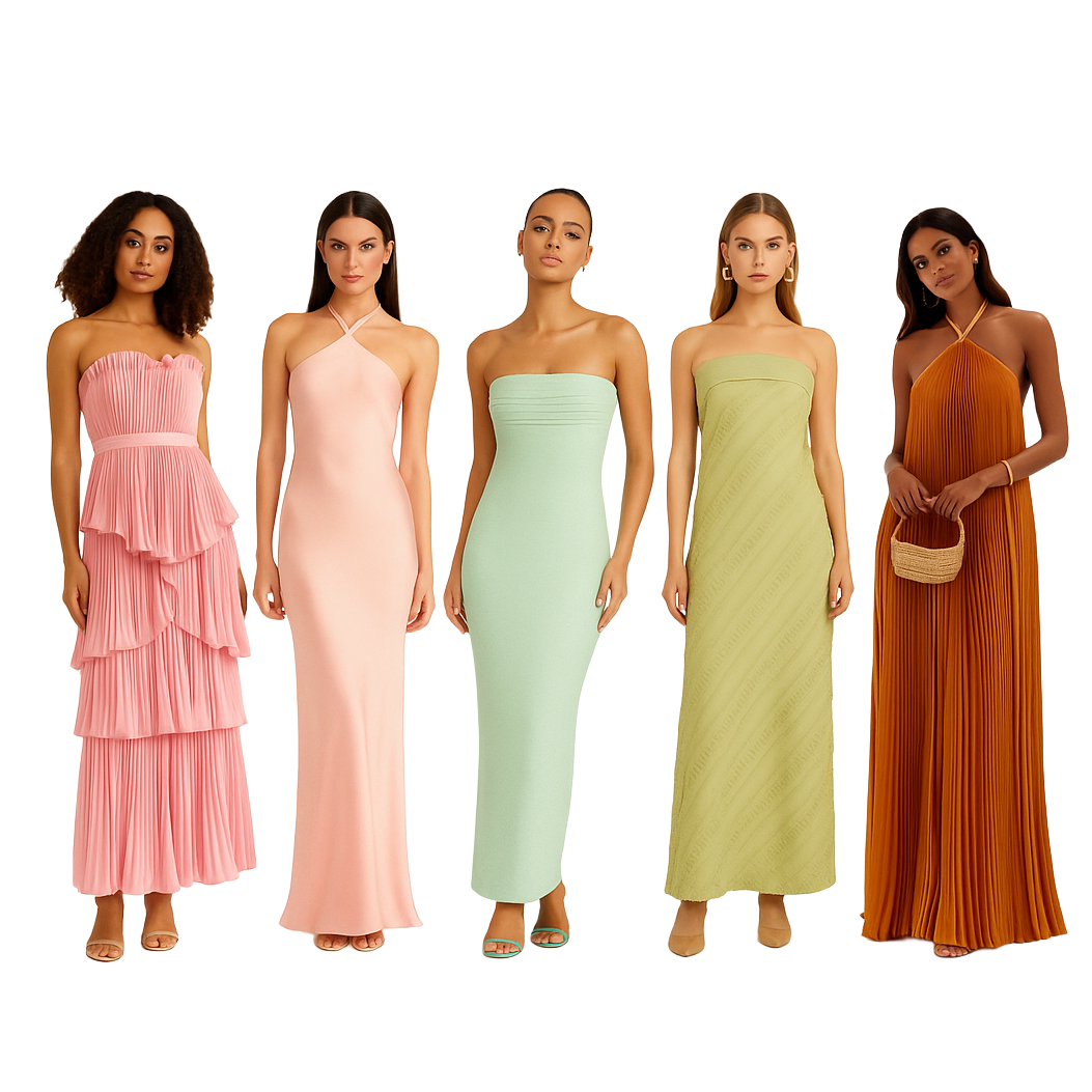 LADIES:
We’d love to see you in light, pastel dresses; soft blues, mint, peach, blush, and other fresh, airy colors. Feel free to add simple touches like pearls, seashell clips.🥂