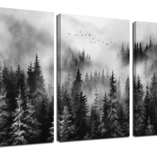 TYTAUPT Foggy Forest Canvas Wall Decor for Living Room,Black and White Pictures for Wall,Large Tree Office Wall Art 16 x 24 Inch x 3 Pieces