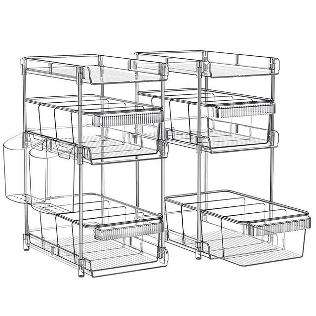 3 Tier Clear Bathroom Organizers 2 Pack, Pull Out Organizer and Storage with 2 Cups, Slide Out Drawer Storage Container with 12 Dividers, Multi-Purpose Bathroom Organizer, Kitchen Under Sink Organizer