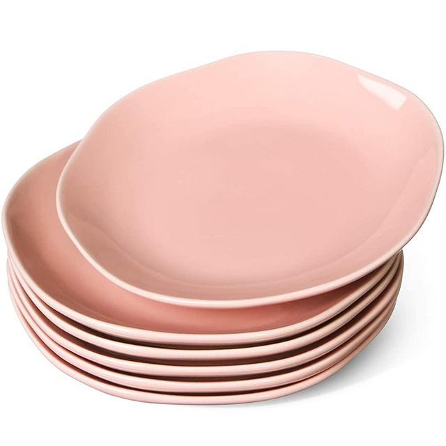 LE TAUCI Ceramic Salad Plate Set - 8 Inch for Appetizer, Dessert, Bread, Snacks - Set of 6, 10 Ounce, Coral Pink