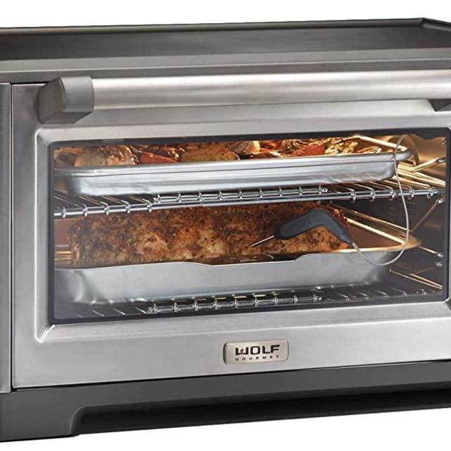 Wolf Gourmet Elite Digital Countertop Convection Toaster Oven with Temperature Probe, Stainless Steel and Red Knobs (WGCO150S)