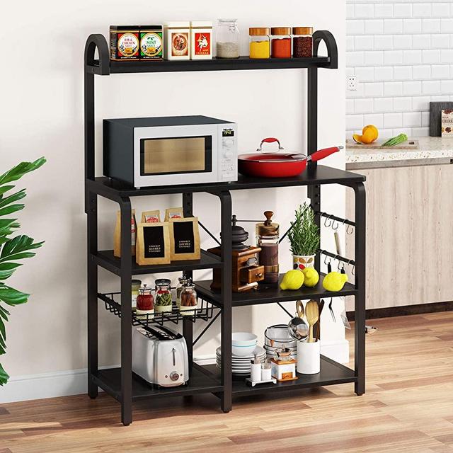 Tribesigns 35.5 inches Kitchen Baker’s Rack Microwave Oven Stand, Industrial Kitchen Cart Utility Storage Shelf Organizer Coffee Bar with Wire Basket and 6 Hooks (Black)
