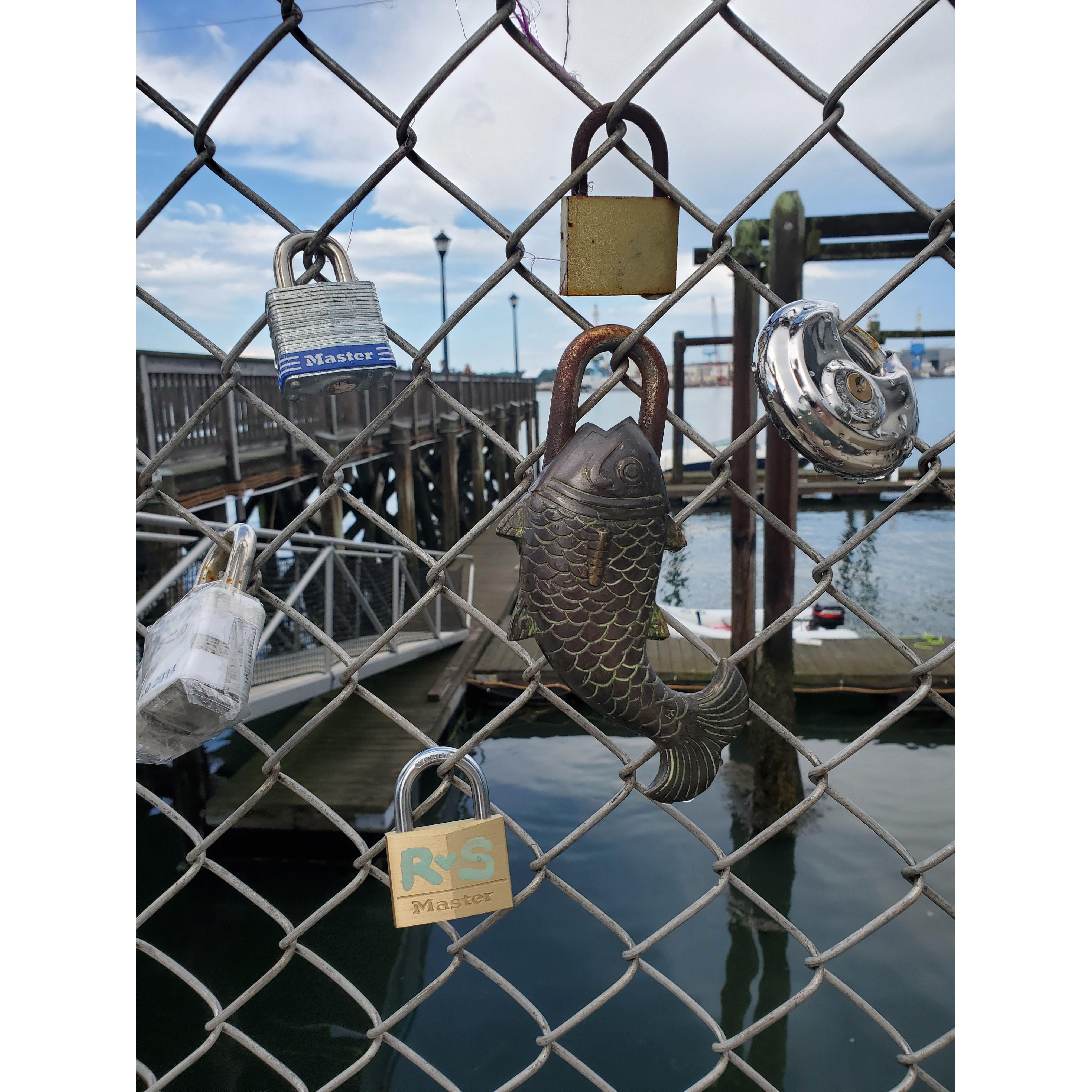 Our lock (painted with R & S, underneath the fish lock) on the Love Wall in Portsmouth, New Hampshire.