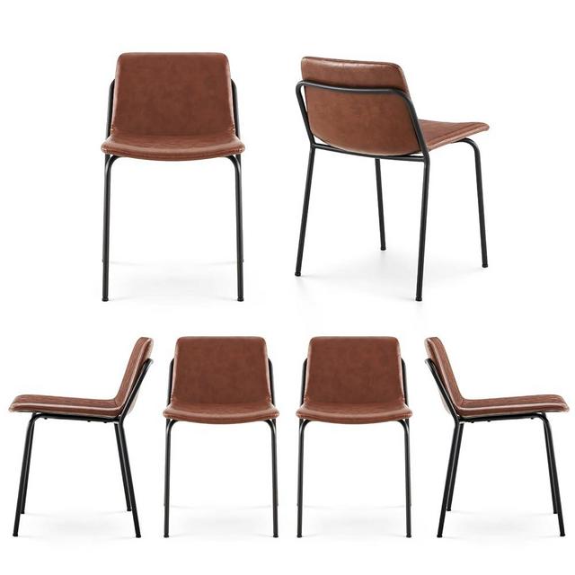 COLAMY PU Leather Dining Chairs Set of 6, Mid Back Modern Upholstered Dining Room Kitchen Side Chair with Metal Legs for Home/Living Room/Bedroom/Office, Dark Brown
