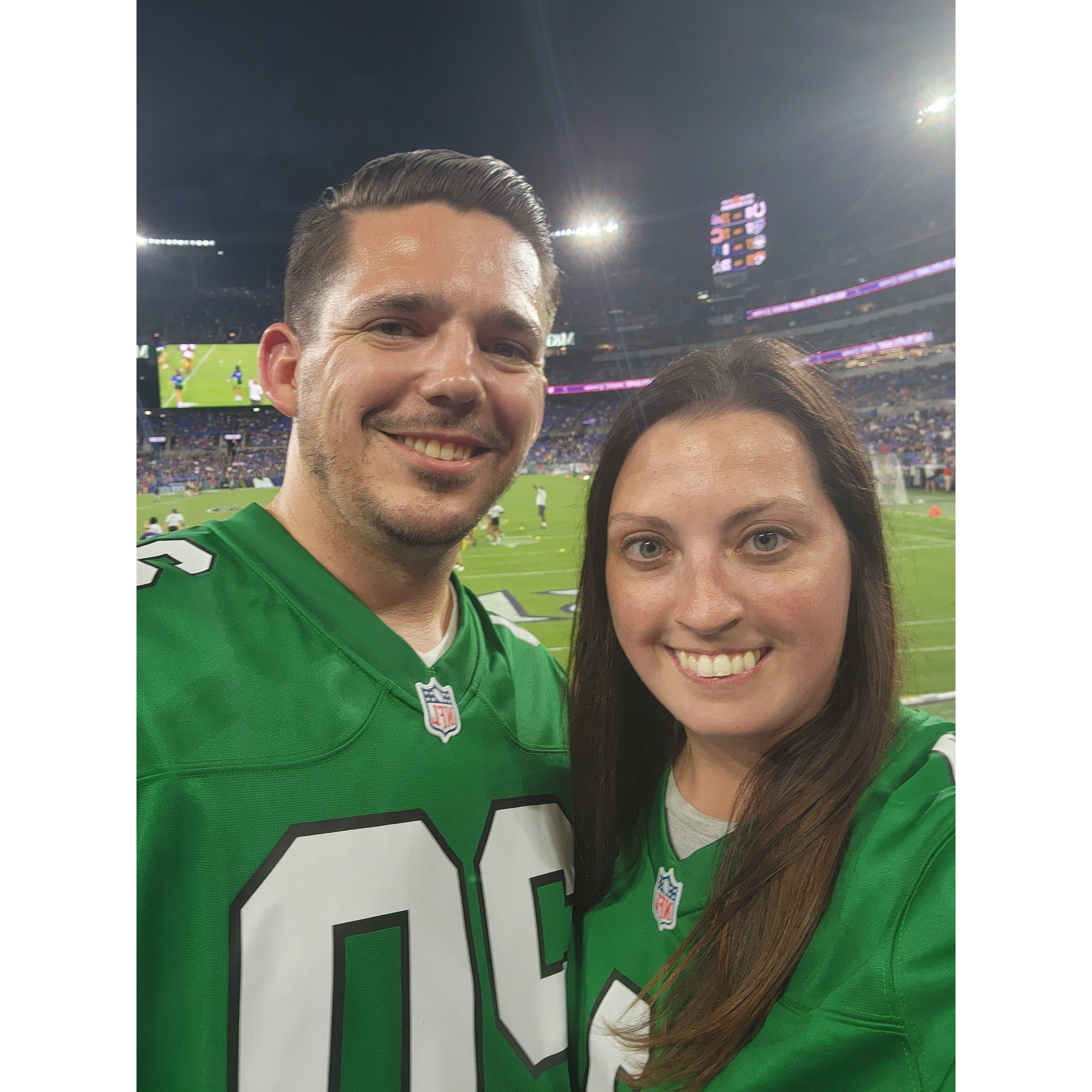 First Eagles game together, preseason game in Baltimore.  At halftime I get hit in the jaw with a missed Jake Elliot practice kick