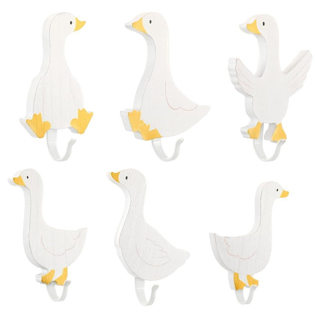 Beeveer 6 Pcs Decorative Goose Wall Hooks Kids Wooden Goose Baby Nursery Hooks Cute White Towel Hanger for Childs Nursery Bathroom Bedroom Home Decor