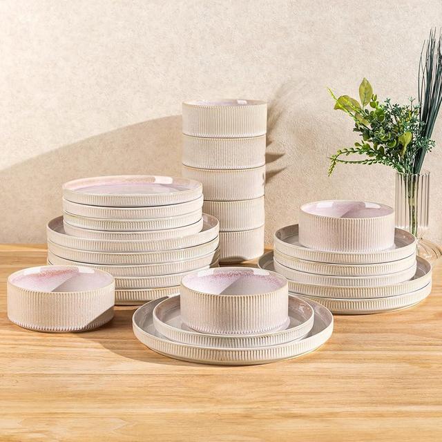 TheTerra Ceramic Dinnerware Sets for 8, 24 Pieces Porcelain Lightweight Speckled Plates and Bowls Sets, Scratch Resistant Dish Set, Oven & Microwave & Dishwasher Safe, Primrose Pink