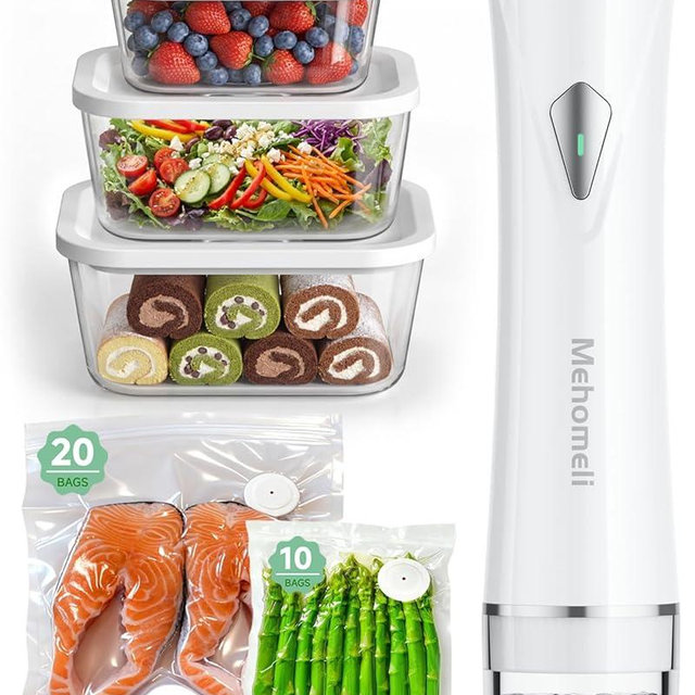 Mehomeli Compact Vacuum Sealer for Food (Vacuum Sealer Machine+3 Glass Vacuum Containers+30 Reusable Vacuum Bags),Powerful Handheld Vacuum Seal Machine,Seal Meal Saver,Portable Food Sealer,Easy-Clean