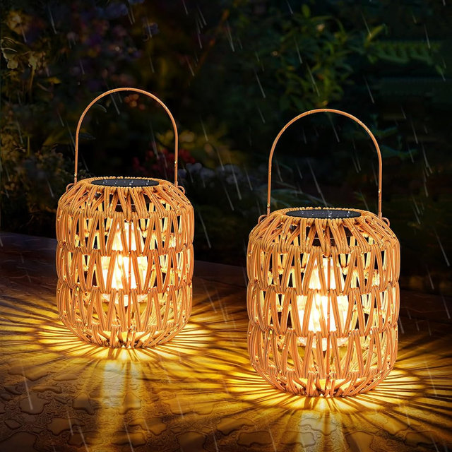 Rattan Solar Lanterns Outdoor Waterproof: 2 Pack Hanging Solar Lights for Outside Yard, Solar Powered Lantern Decorative Birthday Gifts for Women, Solar Garden Lights Decor for Patio, Pathway, Porch