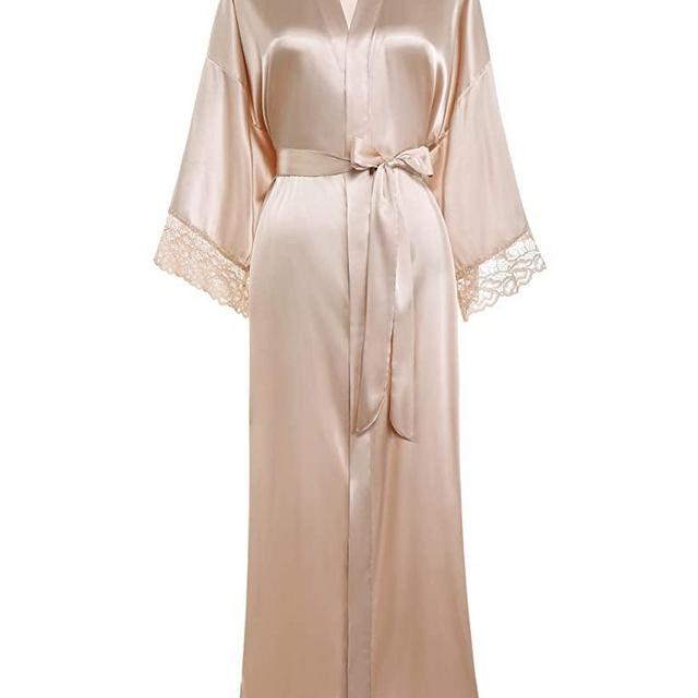 BABEYOND Satin Kimono Robe Long Bridesmaid Wedding Bath Robe with Lace Trim