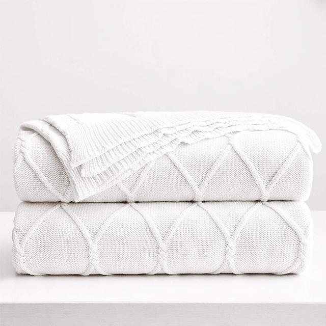 100% Cotton White Cable Knit Throw Blanket with Bonus Laundering Bag – Large 50 x 63 Inch Thick, Extra Cozy, Machine Washable, Comfortable Home Decor, 2.5LB