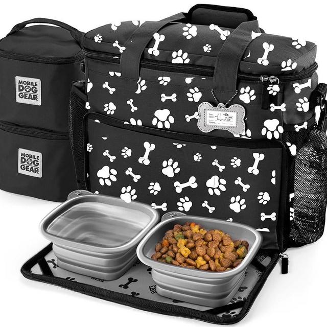 Mobile Dog Gear, Week Away Dog Travel Bag for Medium and Large Dogs, Includes 2 Lined Food Carriers and 2 Collapsible Dog Bowl, Meets Airline Requirements, Black/White Paw Print