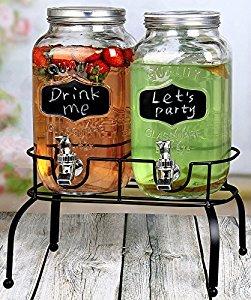 Estilo 1 Gallon Glass Mason Jar Double Drink Dispenser with Leak Free Spigot On Metal Stand With Embossed Chalkboard and Chalk, Clear