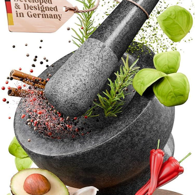 ChefSofi Mortar and Pestle Set - Black Polished Exterior - 3.5 Cup Capacity