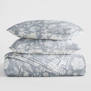 Quilt Set- Lightweight - All Season Quilted Coverlet - Textured Floral - Light Blue, Queen Quilt + 2 Standard Shams