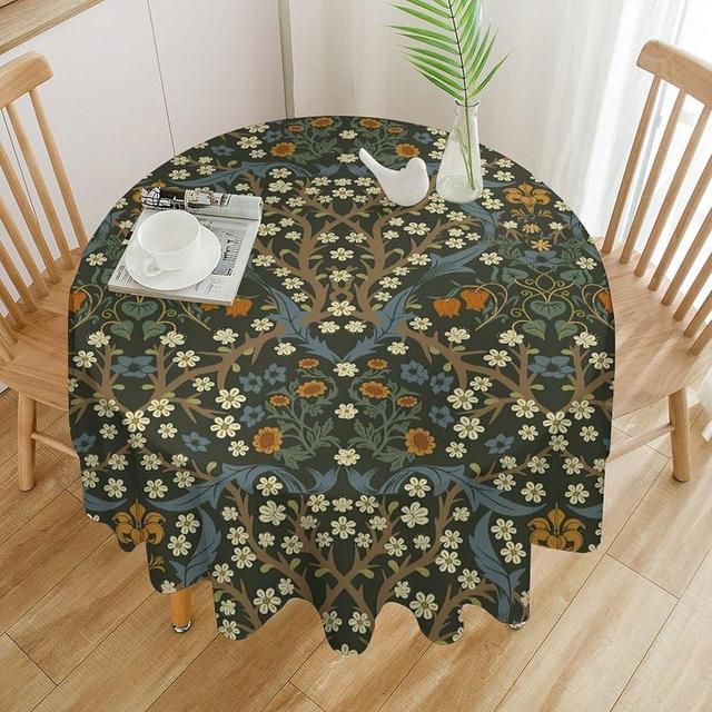 AuiMzoo William Morris Vintage Floral Tablecloth, Waterproof and Stain Resistant Botanical Pattern Round Dining Table Cover, Party, Camping 50 Inch