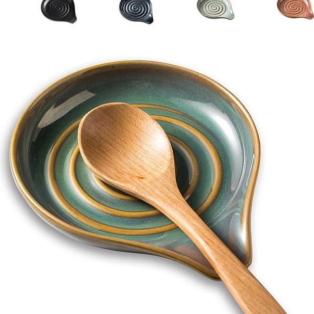 Spoon Rest for Kitchen Counter,5" Spoon Holder for Kitchen Counter Stove Top Ceramic Spatula Holder for Ladle, Spatula, Spoons or Tongs, Christmas Decor, Unique Green