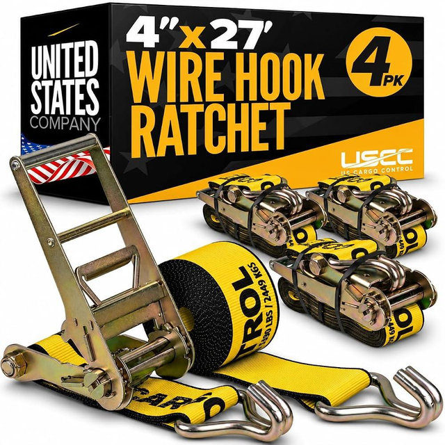 US Cargo Control Wire Hook Ratchet Straps 4” x 27’ (4-Pack), 5,400 LBS Working Load Limit, Yellow 4 Inch Ratchet Straps with Double J Hooks, Professional 4 Inch Straps for Flatbed Trailers