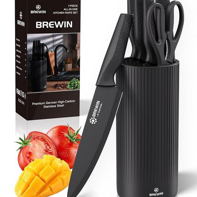 Knife Set, Brewin Kitchen Knife Set, Knives Set for Kitchen with Universal Knife Block, Utility Knife Block Set, Dishwasher Safe. Premium German Stainless Steel, The Best Gift, Black