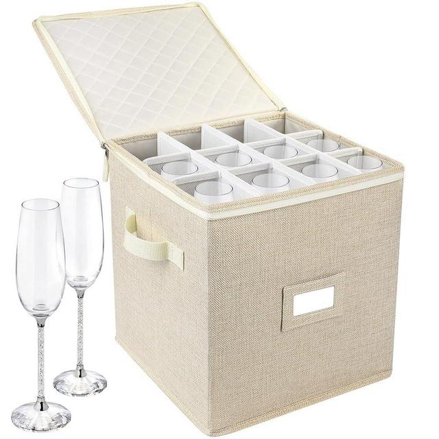 LotFancy Champagne Flute Storage Container, Hard Shell, Stackable 12" Tall Stemware Storage Box with Dividers & Handles, Wine Glass, Crystal Glassware, Drinkware Case for Moving, Beige