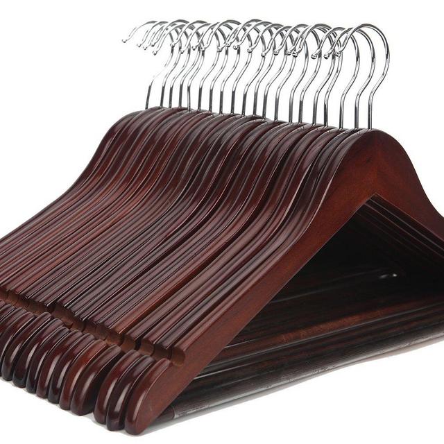 J.S. Hanger Solid Wooden Suit Hangers Walnut Finish with Polished Chrome Hooks - 20 Pack