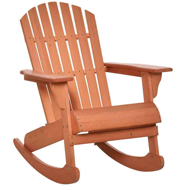 Outsunny Rustic Wooden Adirondack Rocking Chair Outdoor Lounge Chair Fire Pit Seating with Slatted Wooden Design for Patio, Backyard, Teak