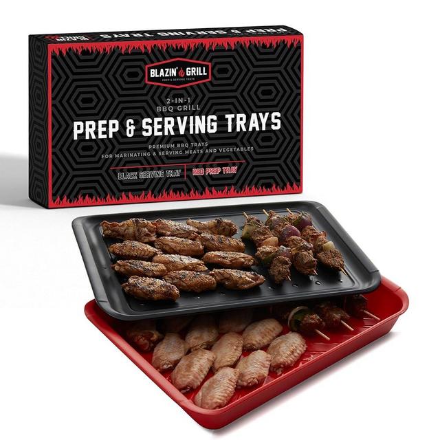 Blazin' Grill Prep & Serving Trays | Set of 2 Stackable, Melamine Trays | Serving Tray & Marinating Tray | Serving Platter for Plating Food & BBQ Prep Tub for Marinating Meats | Grill Accessories |