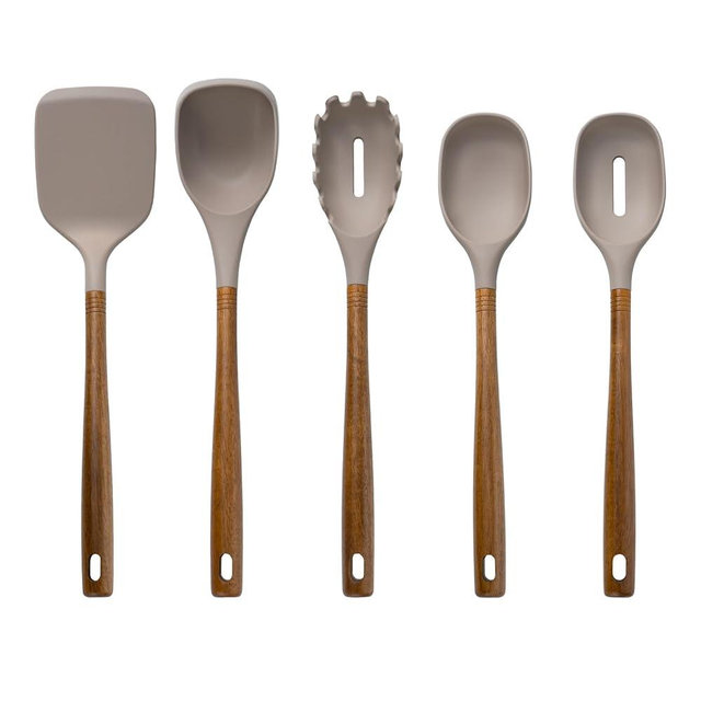 5-Pcs Silicone Cooking Utensils Set, BPA-Free, Non-Stick Kitchen Utensils Set with Acacia Wood Handle, Heat Resistant Silicone Kitchen Tools Include Spatula, Spoons, Pasta Server, Ladle(Brown)