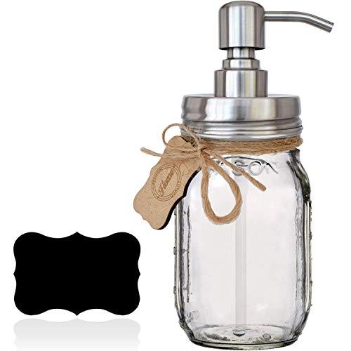 Premium Modern Farmhouse Style Liquid Soap Dispenser | Pint Mason Jar | Rustproof, 304 Stainless Steel Pump | Lotion Pump | Includes Chalk Label (16oz, Rust Proof, Silver)