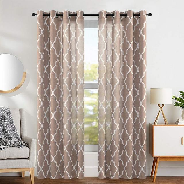 Curtains Print 95 inch Moroccan Tile Flax Linen Look Curtain Quatrefoil Grommet Lattice Window Treatment Set for Living Room Taupe Set of 2 Panels