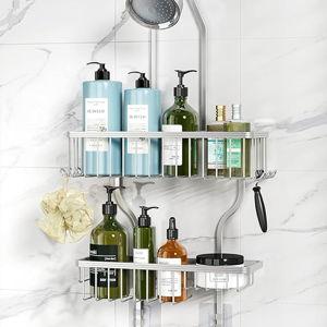 YASONIC Never-Rust Aluminum Hanging Shower Caddy – Over-the-Showerhead Organizer with 10 Hooks for Razor and Sponge – Includes Soap Basket – Silver