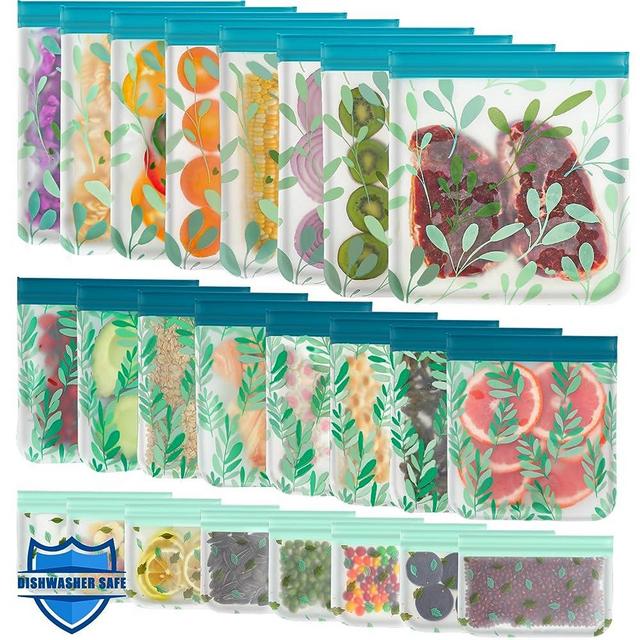 Dishwasher Safe Reusable Bags Silicone, Leakproof Reusable Freezer Bags for Food Storage (24p)