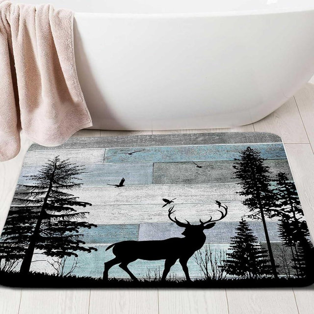 MERCHR Rustic Blue Bath Rugs for Bathroom, Vintage Farmhouse Animal Deer Forest Pine Tree, Non Slip Flannel Bathroom Rug, Dry Fast Water Absorbent Bath Mats,19X31 Inch.