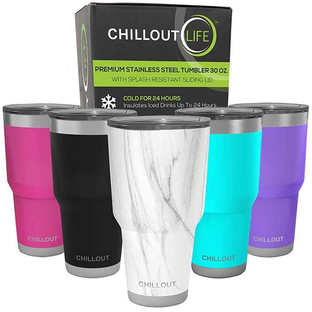 CHILLOUT LIFE 30 oz Stainless Steel Tumbler with Lid & Gift Box - Double Wall Vacuum Insulated Large Travel Coffee Mug with Splash Proof Lid for Hot & Cold Drinks - Carrara Marble Tumbler