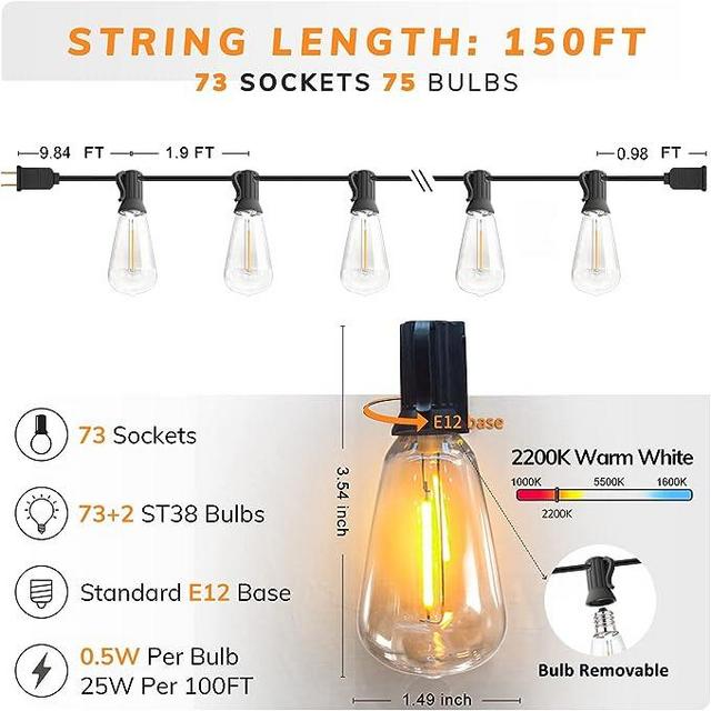 Achin Outdoor String Lights 150FT LED ST38 Edison Vintage Style String Lights Outdoor Dimmable Warm 2200K with 75 Shatterproof Bulbs Plastic String Lights Waterproof for Patio Bistro Gazebo Lights