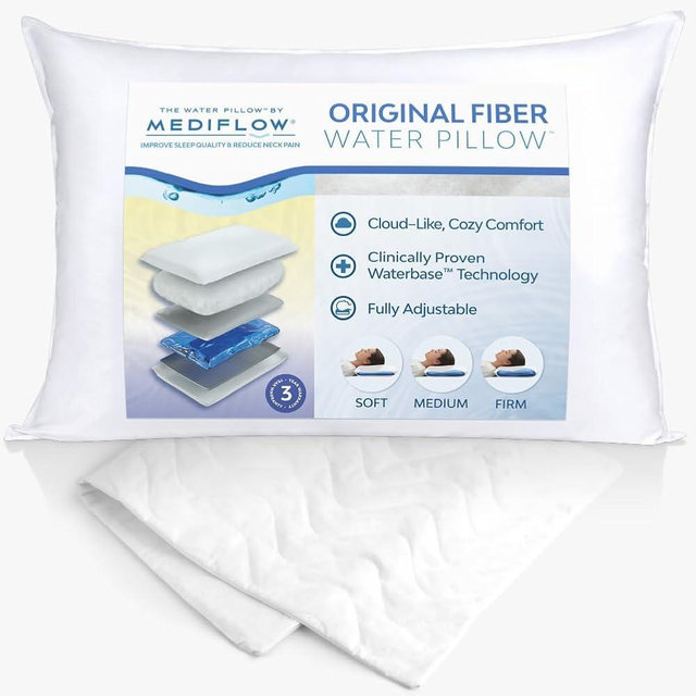 Mediflow Original Fiber Water Pillow & Cotton Quilted Pillow Protector Pack