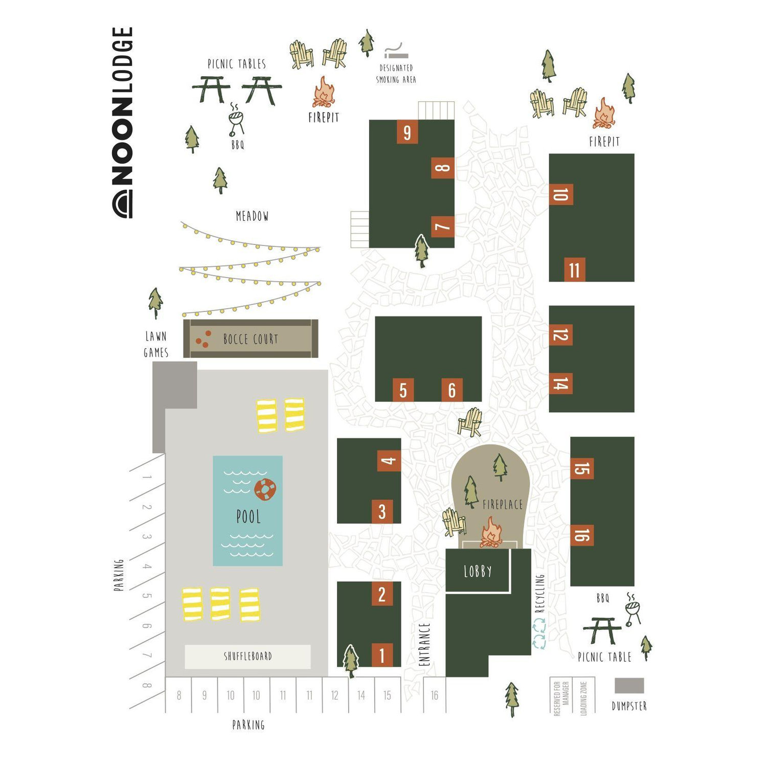Noon Lodge Property Map. Just North of the fire pits is the secluded bay with dock access.