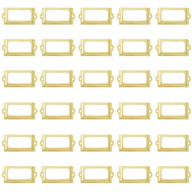 Kyuionty 30Pcs Antique Label Holder 2.4" x 1.3" Metal Name Card Frame for Office Library File Drawer Tag Cabinet Shelves Drawer (Gold)