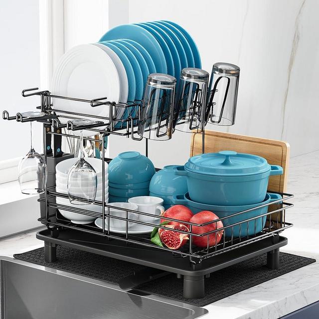 romision Dish Drying Rack for Kitchen Counter, Stainless Steel 2-Tier Dish Drainers Racks with Utensils Holder, Wine Glasses Holder, Large Capacity Dish Strainers with Extra Drying Mat (Black)