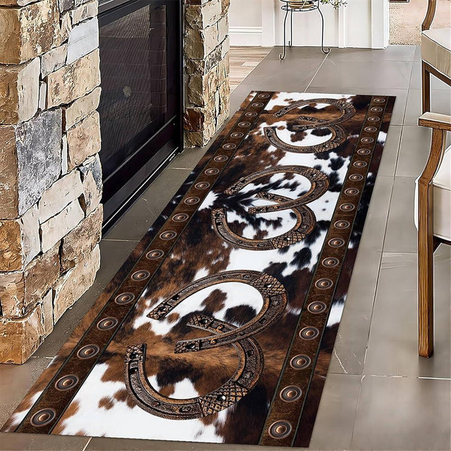 Western Hallway Runner Rug, 3.3x7ft,Southwestern Native American Aztec Rug,Rustic Horseshoe Brown Cow Print Runner Rug,Boho Western Decor Carpet, for Kitchen Dining Room Non Slip Cowhide Rug