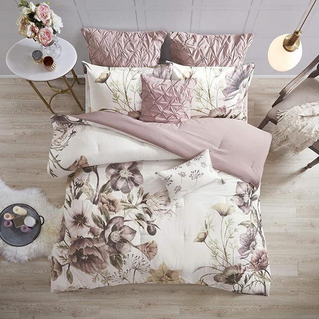Madison Park Cotton Comforter Set Contemporary Floral Design - All Season Bedding Set, Matching Bed Skirt, Decorative Pillows, Cal King(104"x92"), Cassandra Shabby Chic, Blush 8 Piece