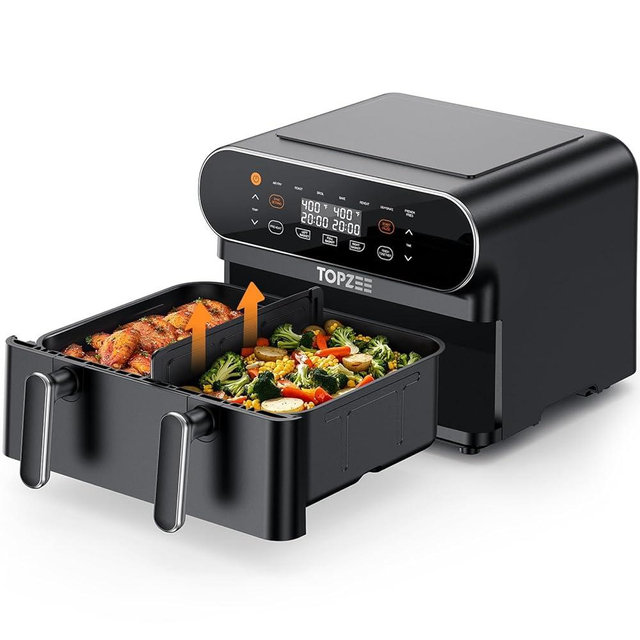 TOPZEE 11-QT Large Air Fryer - 8 in 1 XL Airfryer with Flex Basket, Divider for Dual Cooking, Preheat, Air Fry, Roast, Broil, Bake, Reheat, Dehydrate, French Fries, Dishwasher Safe, Black