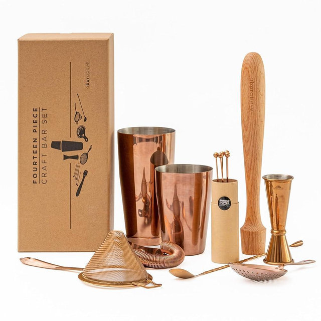 A Bar Above 14-Piece Professional Bartender Gift Set, Premium Barware Accessories, for Home Bar, Bartending Gift Kit, Includes Shaker, Jigger, Strainers, and More
